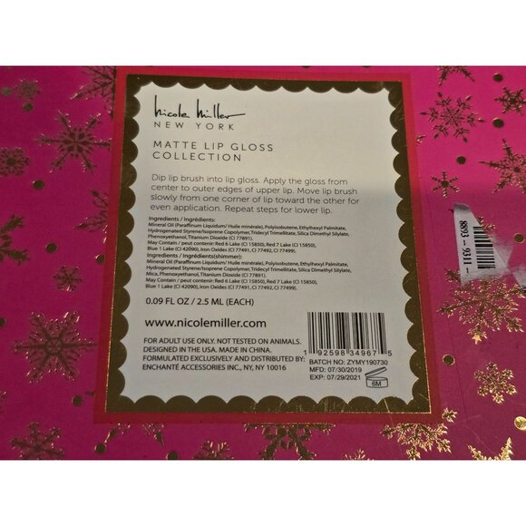 Nicole Miller Matte Lip Gloss Collection Set Of 5 In Festive Pink & Gold Box - Picture 3 of 3